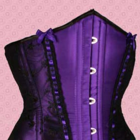 Purple Satin Black Lace Underbust Waist Cincher Corset Set - NEW - Picture 2 of 10